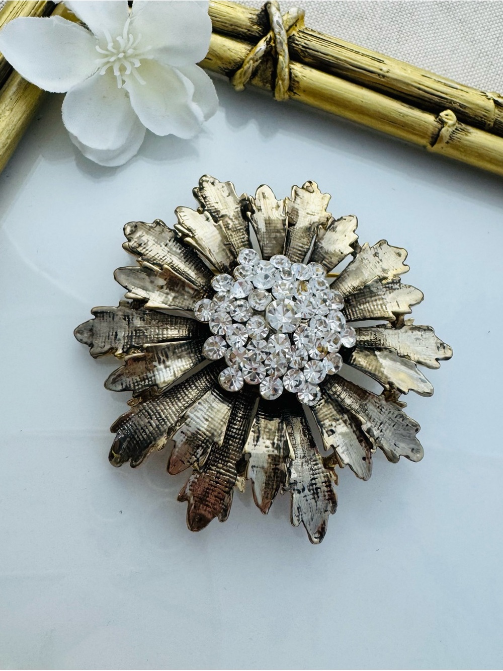 Vintage Gold Tone Floral Brooch with Clear Crystals Flower Pin Statement LRG